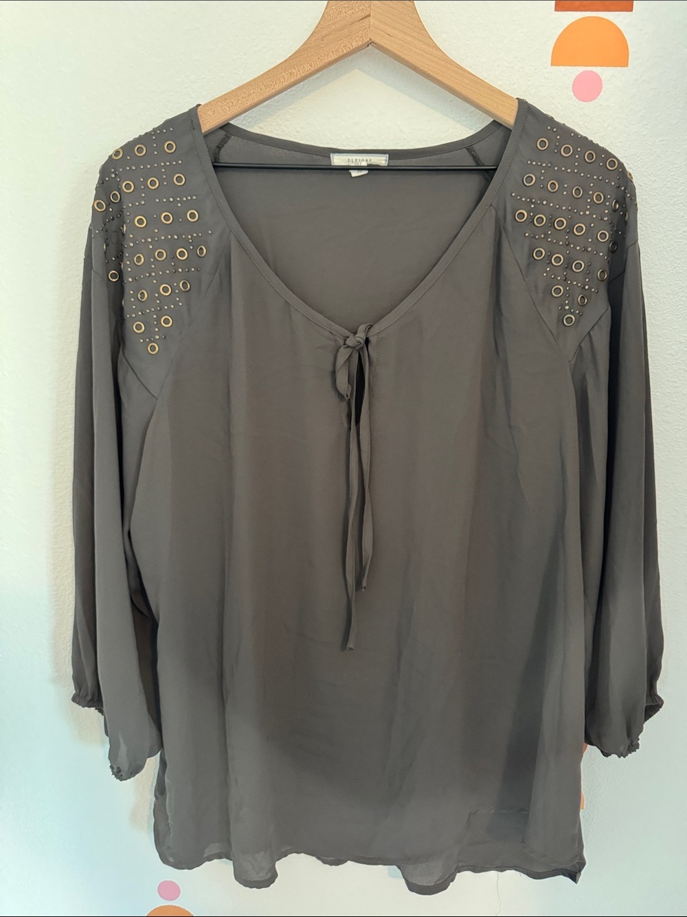 Pleione Gray Tie-Neck Blouse with Grommet-Trimmed Shoulders N0016